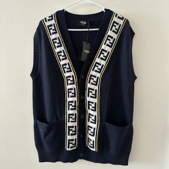 NWT Fendi Logo Intarsia Button-Up Vest Sweater Blue FF Virgin wool 100% Sz 50 - Picture 7 of 10